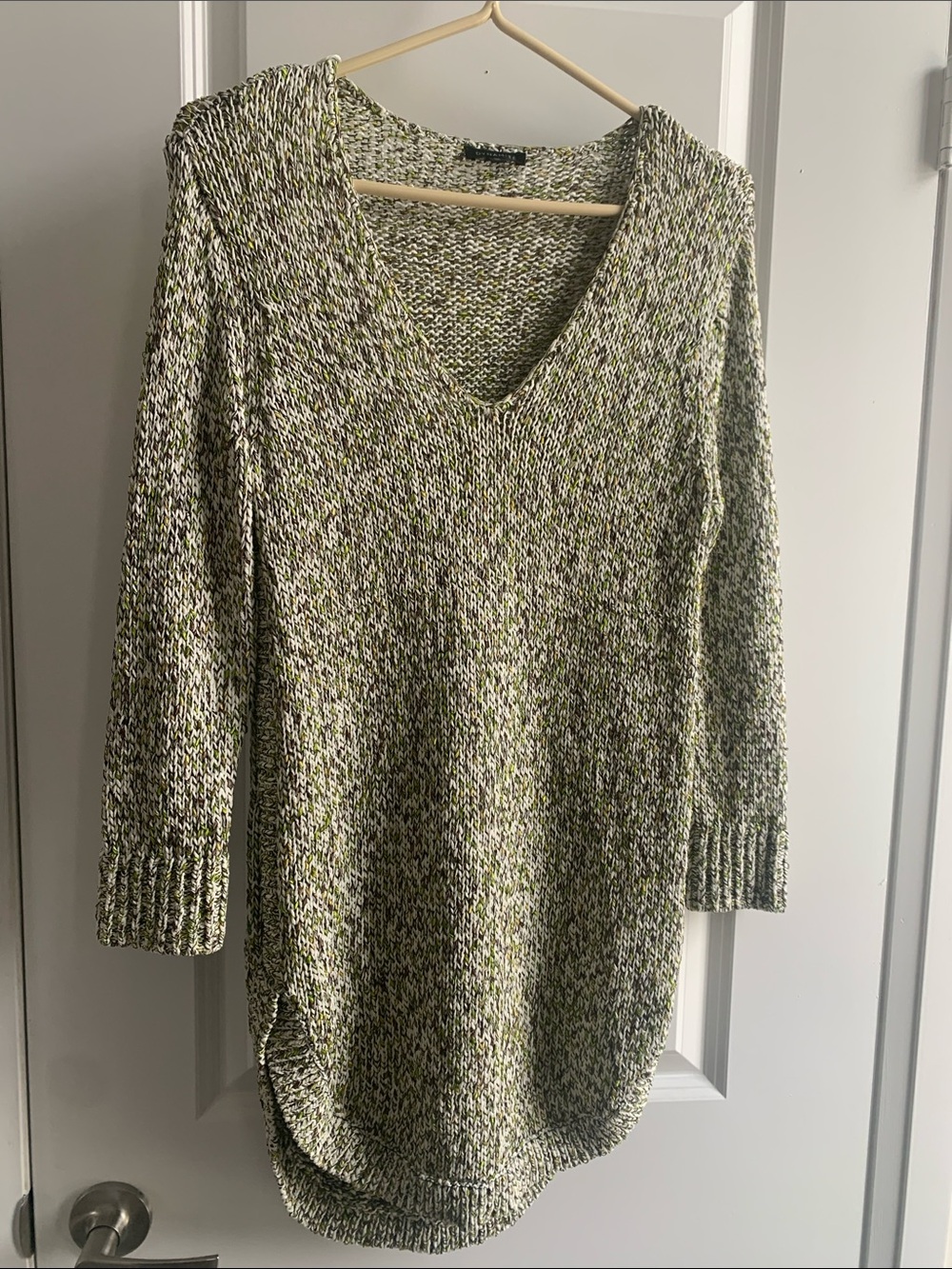 Dynamite Olive and Cream V-Neck Knit Sweater